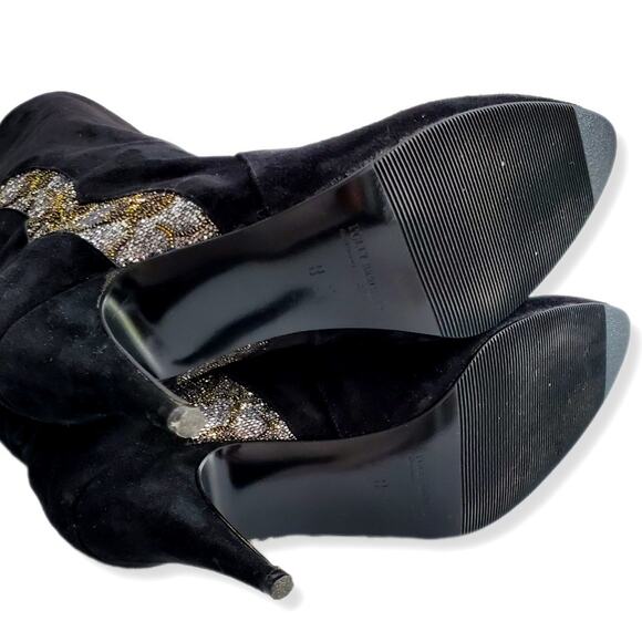 VTG 80s Polly Bergen Black Glitter Suede Boot 8 Heels Italy Glam Slouch Cocktail - Picture 7 of 12